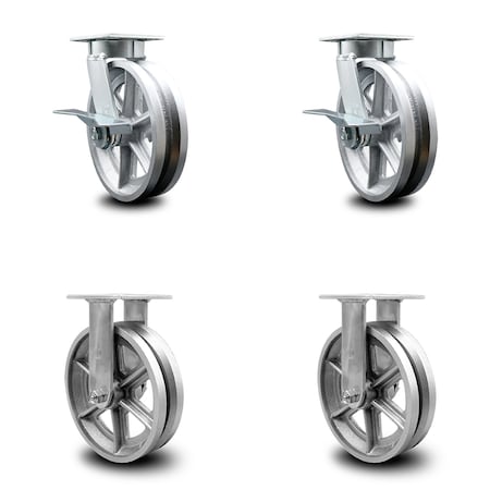 Service Caster 8 Inch Kingpinless V Groove Semi Steel Wheel Swivel Caster Swivel 2 Rigid, 2PK SCC-KP30S820-VGR-2-R-2